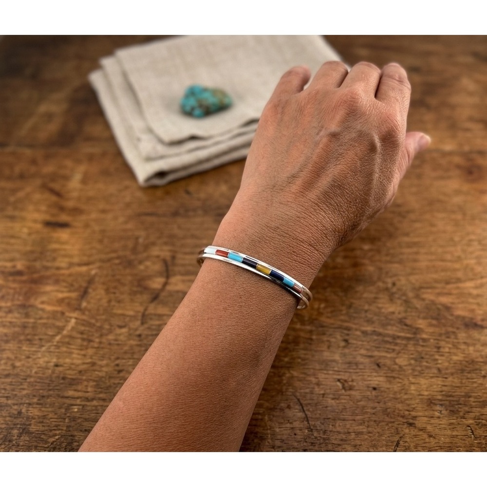 Zuni Multi Stone Inlay Slim Cuff‎ Bracelet Sterling Silver Sz 6.75in